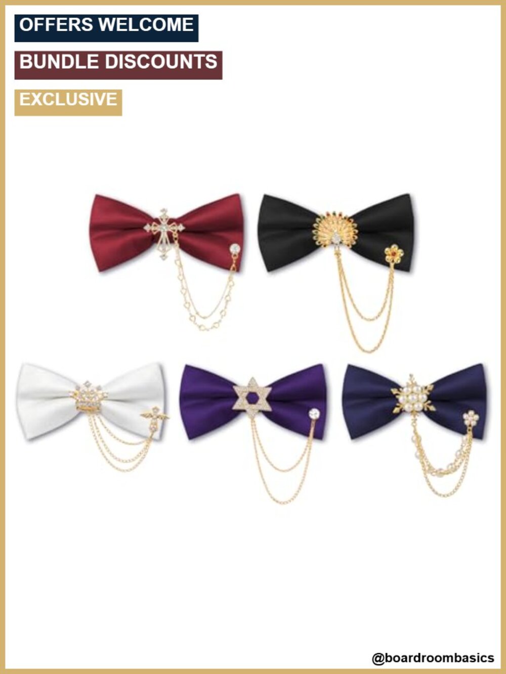 Adjustable Bow Tie Set with Rhinestone Brooch Chains Pre Tied